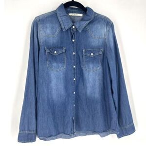 Vanilla Star Women's Chambray Pearl Snap‎ Button Down Western Shirt Blue Size XL